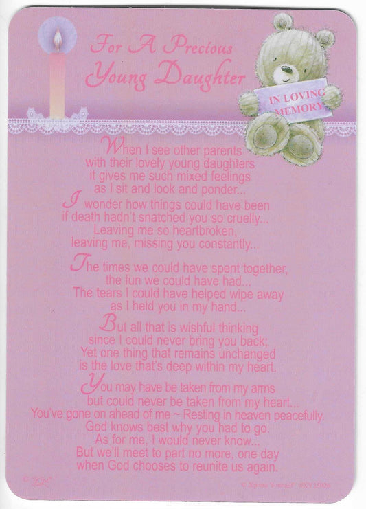 Grave Memorial Card, For A Precious Young Daughter