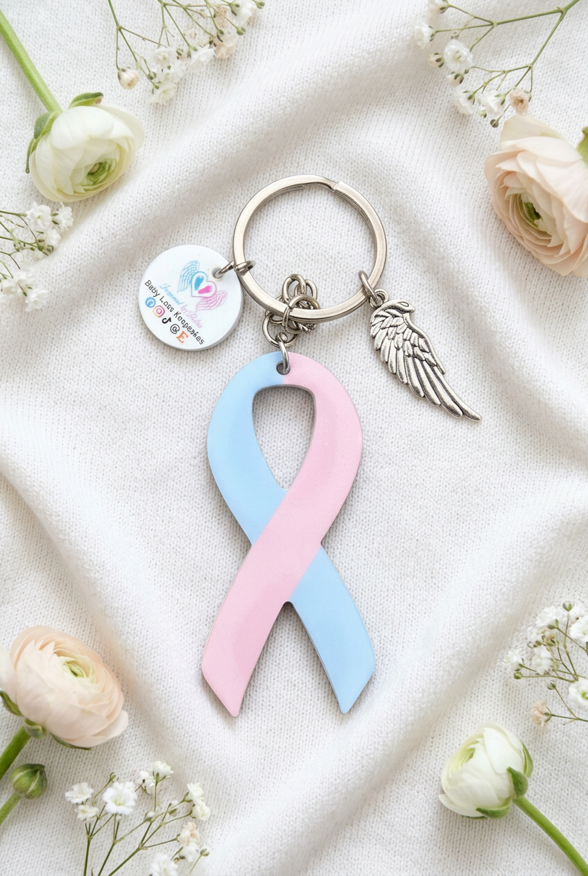 Baby-loss keyring on a soft white blanket with delicate flowers
