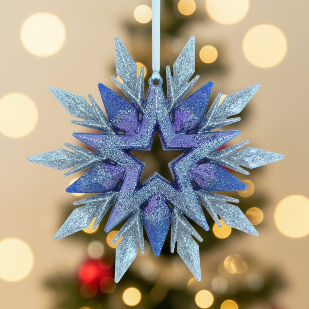 Blue, purple, and silver snowflake with Christmas background