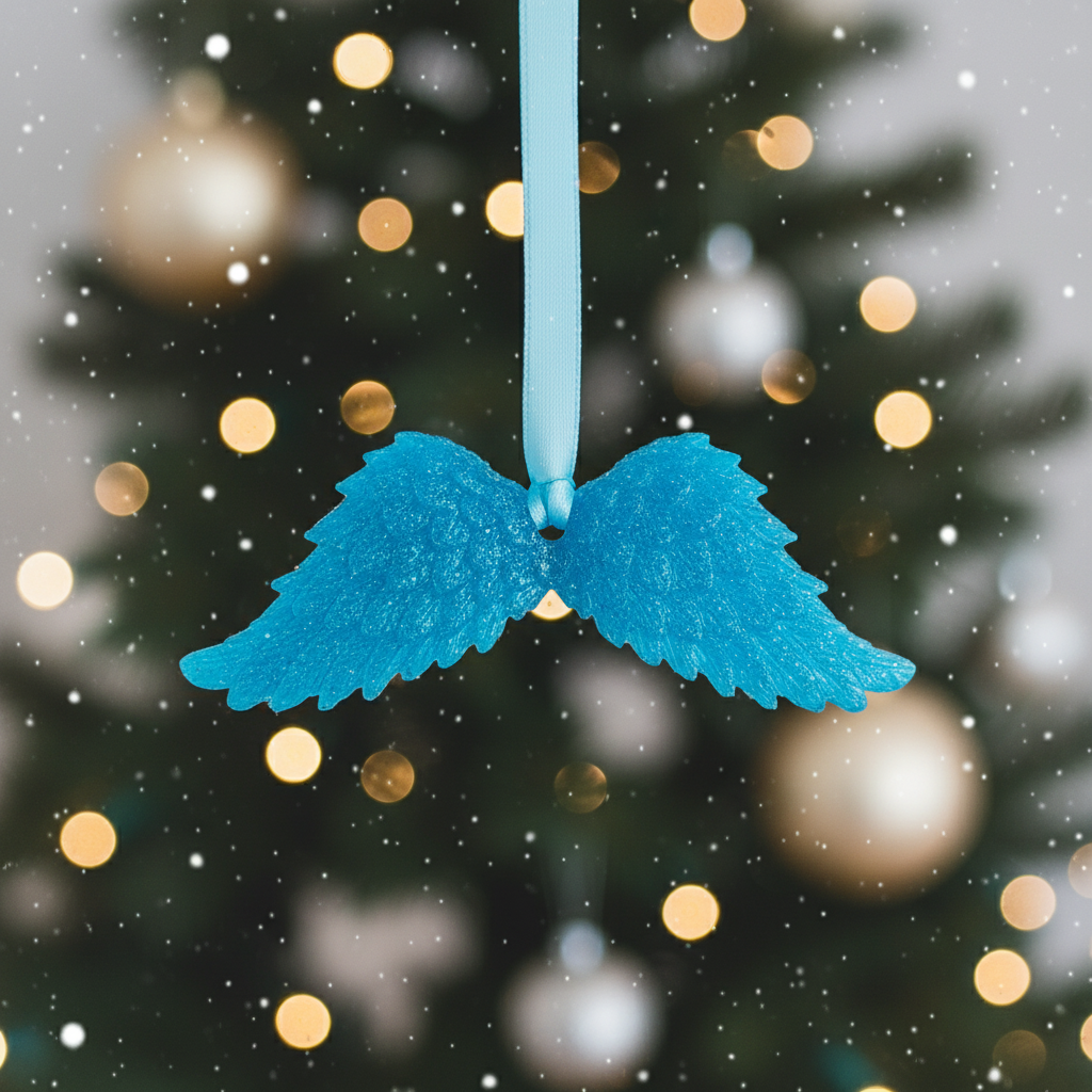 Bright blue glitter angel wings with festive background