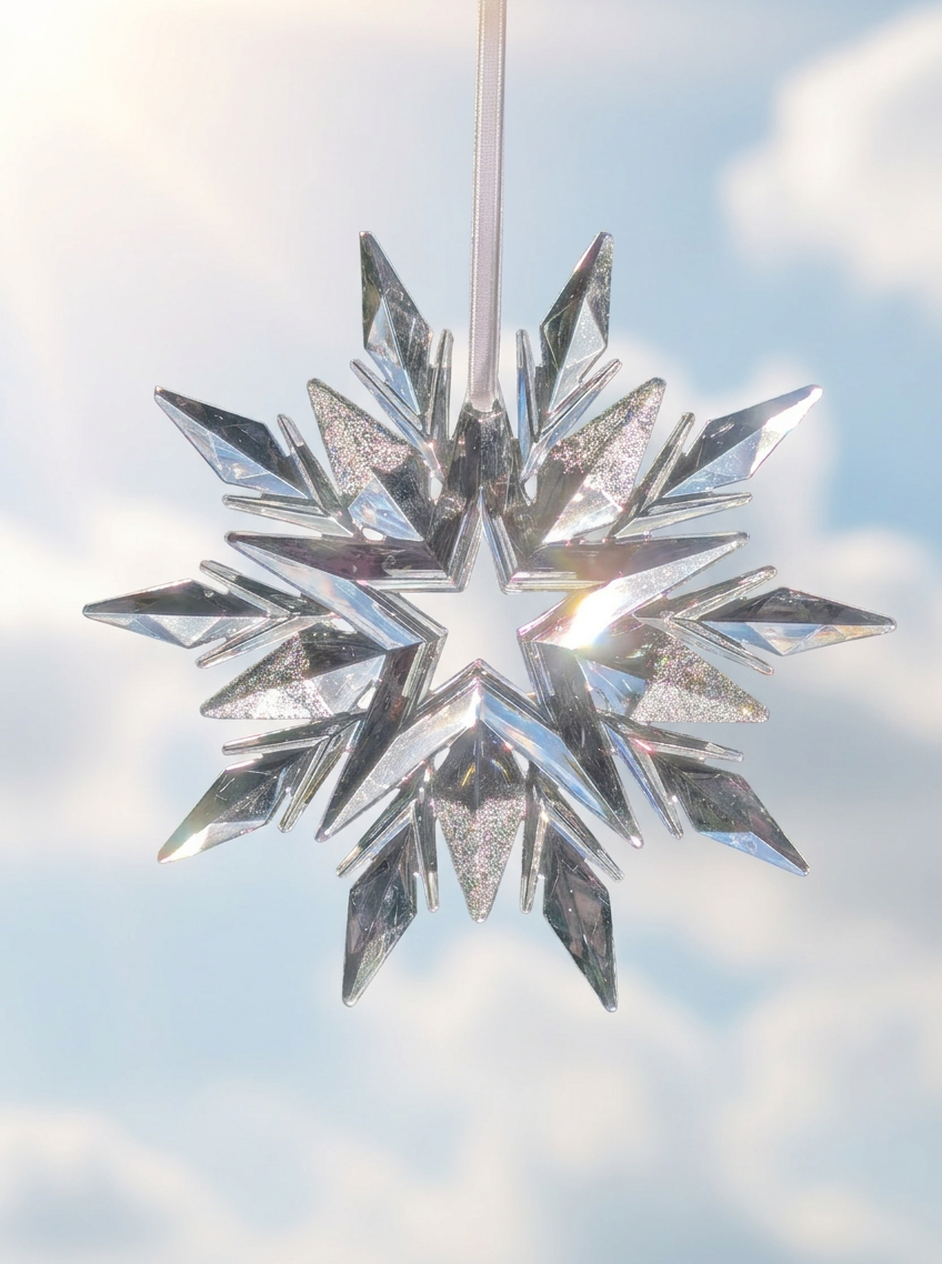 Clear snowflake decoration with silver glitter details against a soft blue cloudy sky
