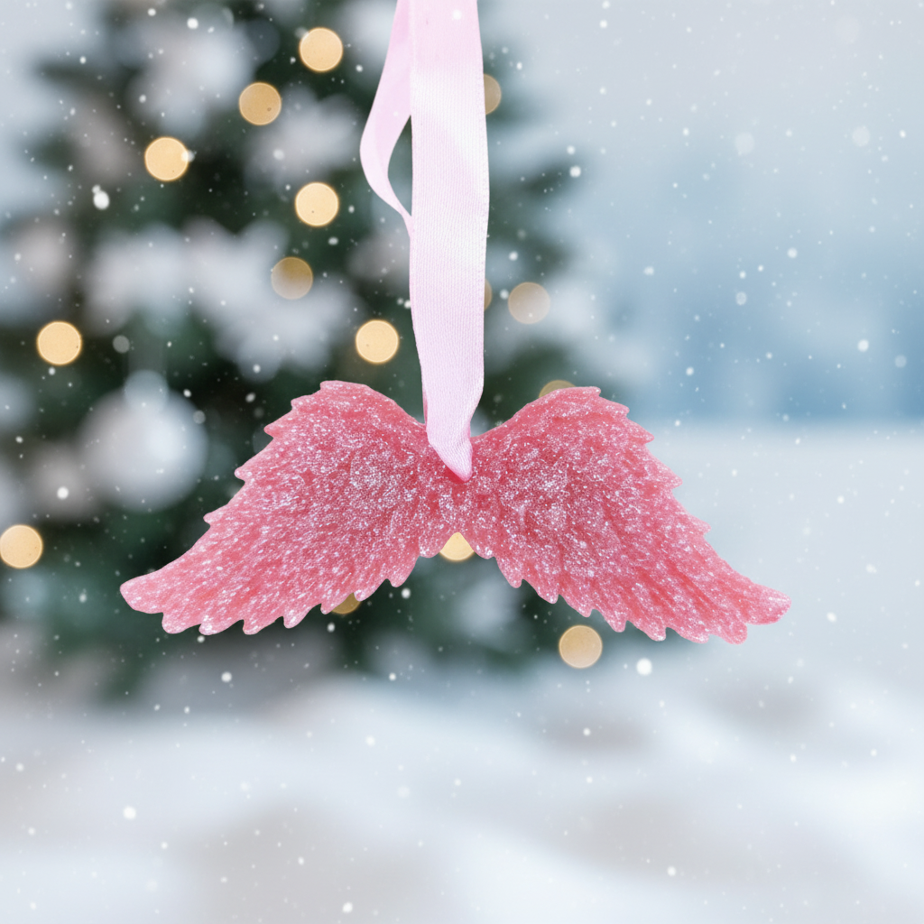 Coral pink glitter angel wings with festive background