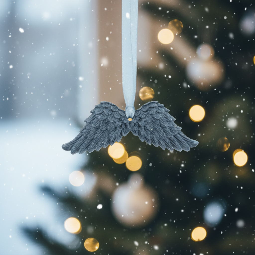 Dark grey angel wings with festive background