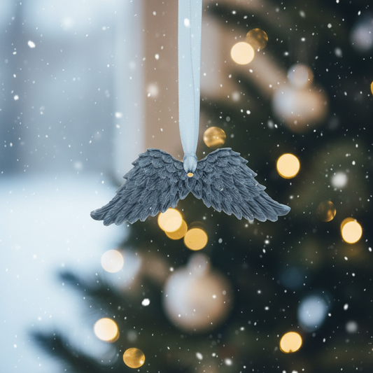 Dark grey angel wings with festive background