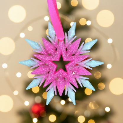 Hot pink and white snowflake with Christmas background