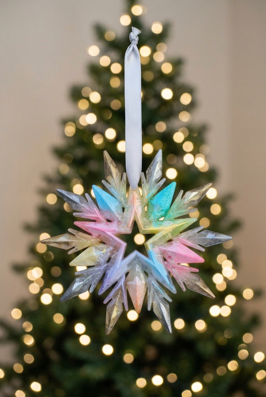 Multicoloured snowflake matched to the earlier Christmas-tree background