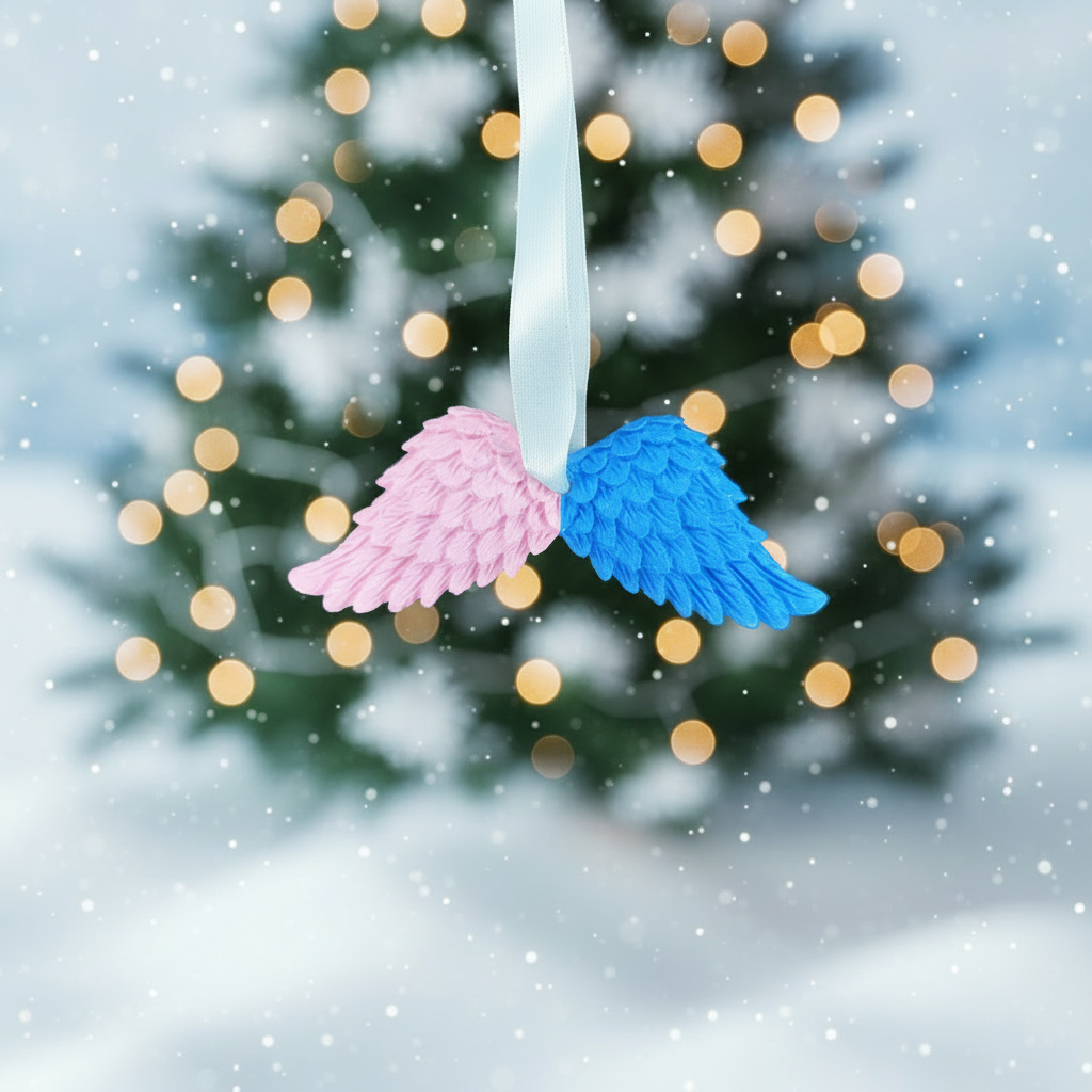 Pink and blue angel wings with festive background
