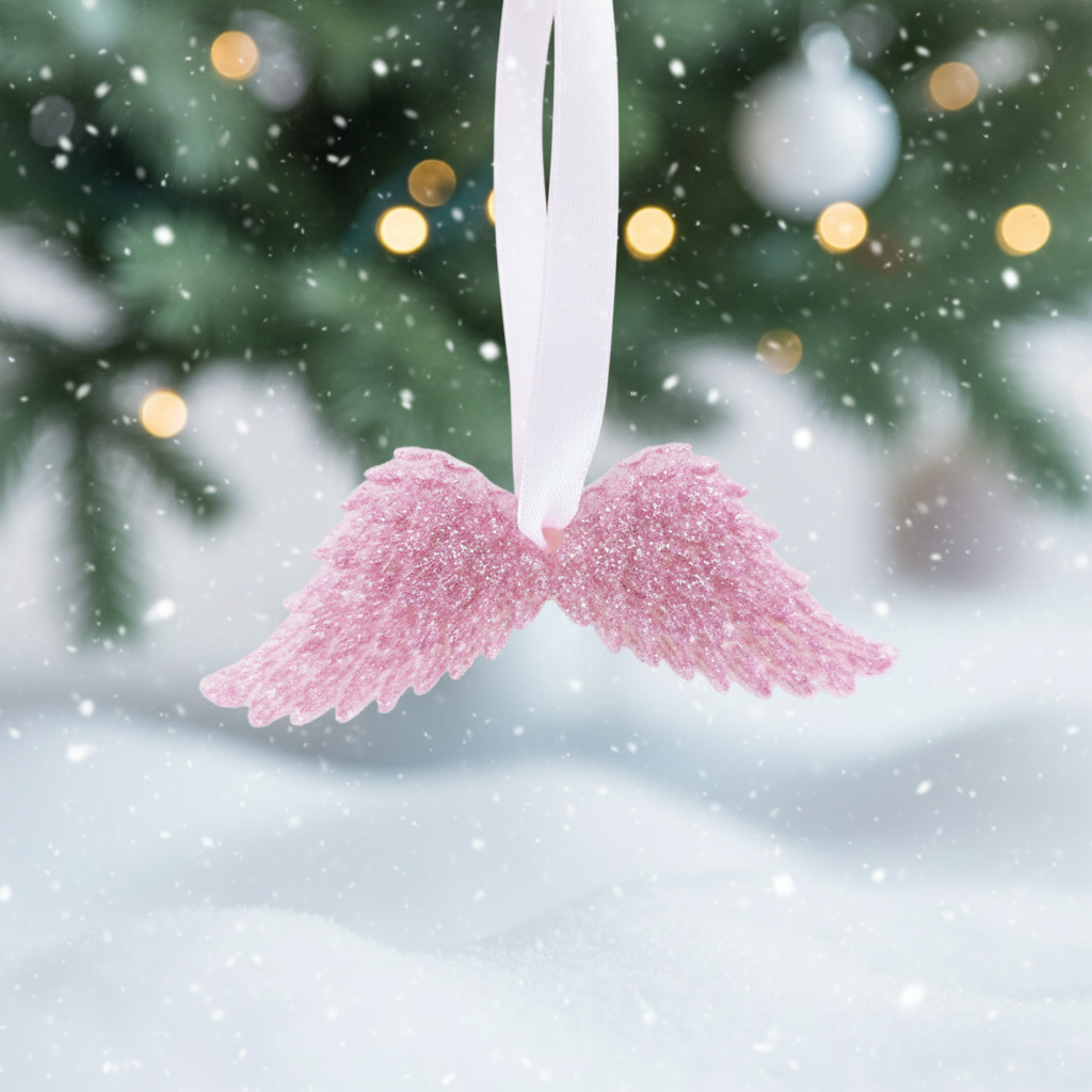 Pink glitter angel wings with festive background