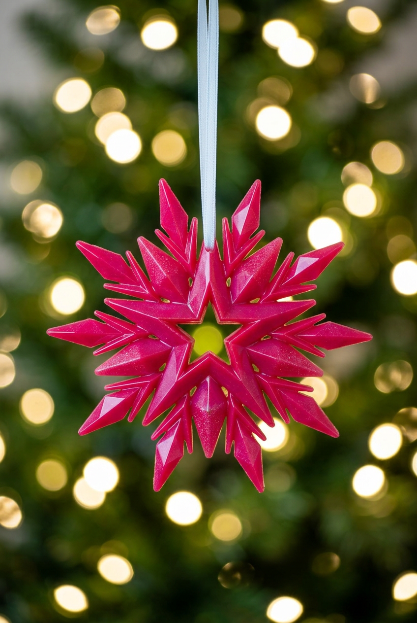 Pink snowflake with a softly blurred Christmas-tree background