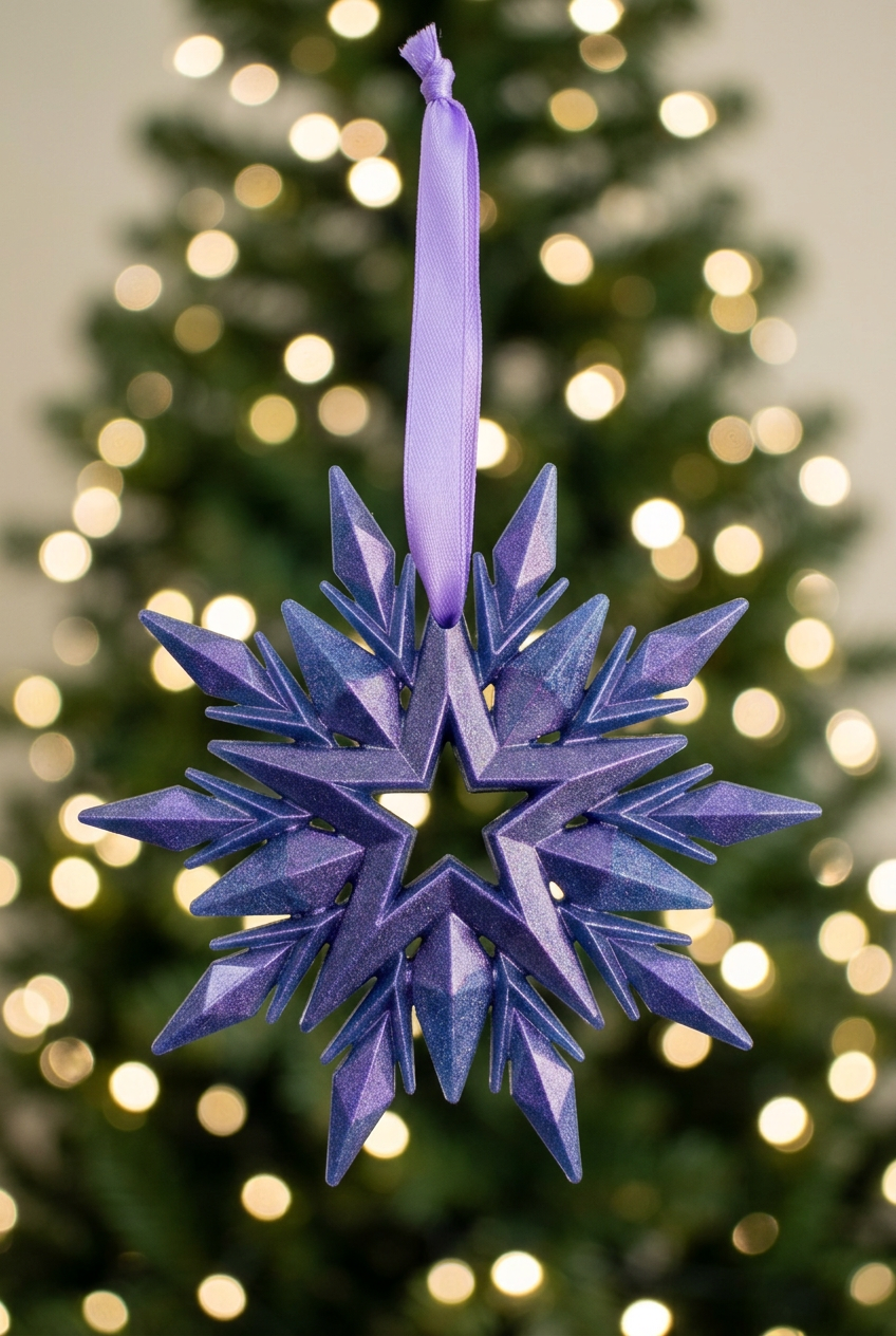 Purple snowflake with a blurred Christmas-tree background