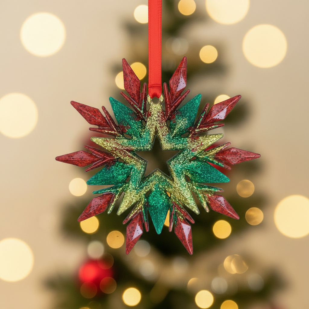 Red, green, and gold snowflake with Christmas background