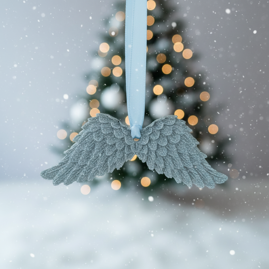 Silver glitter angel wings with festive background