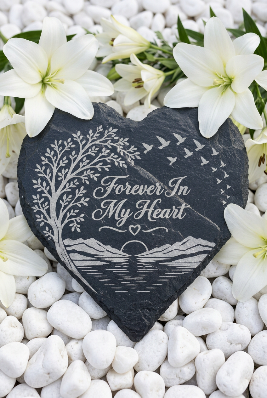 Slate heart with white lilies and white stones