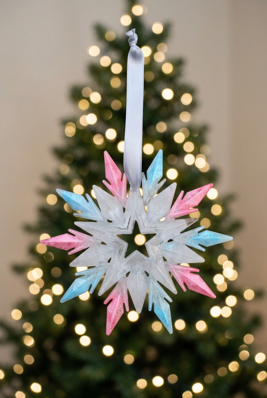 Snowflake decoration with a blurred, lit Christmas tree behind it