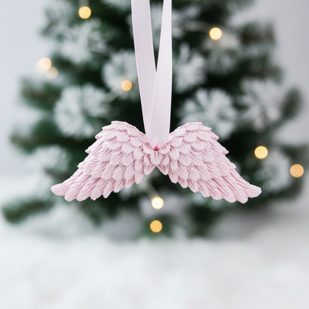 Soft pink angel wings with festive background