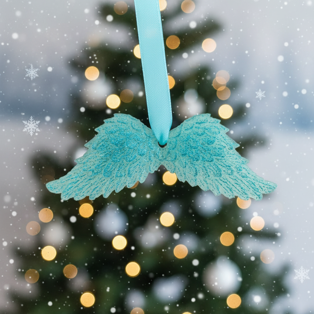 Turquoise glitter angel wings with festive background