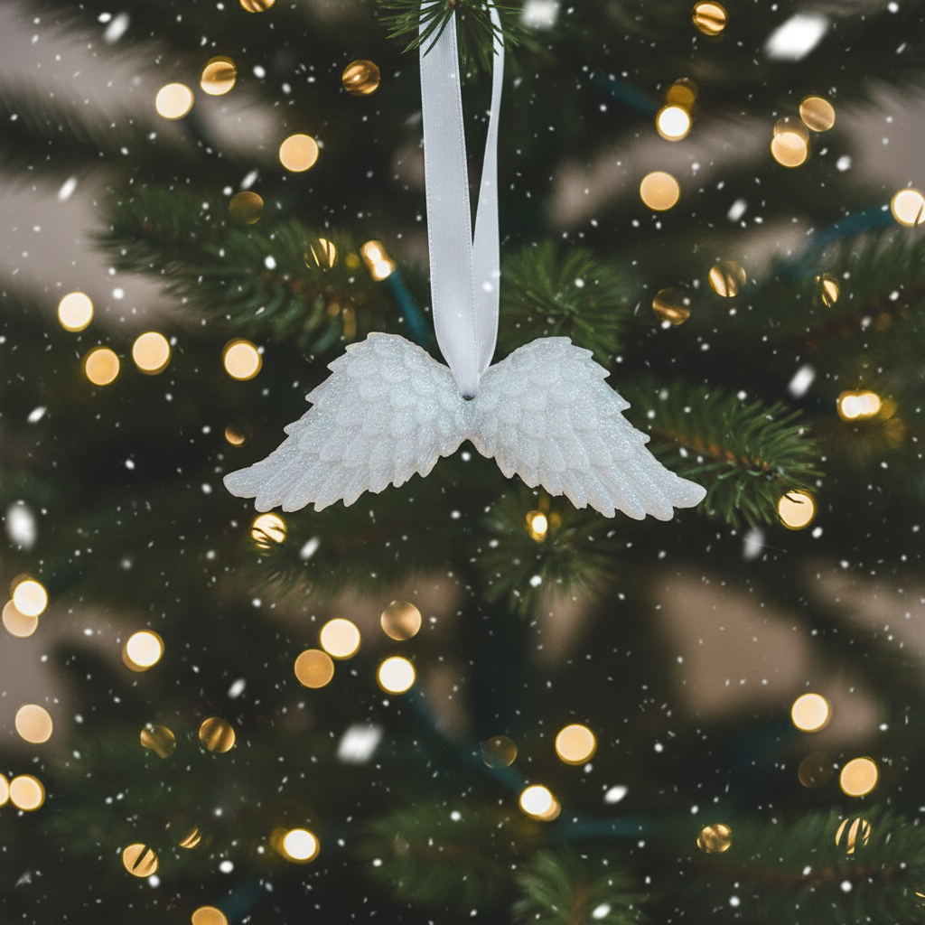 White glitter angel wings with festive background